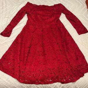 Off-Shoulder Red Lace Long-Sleeve Dress